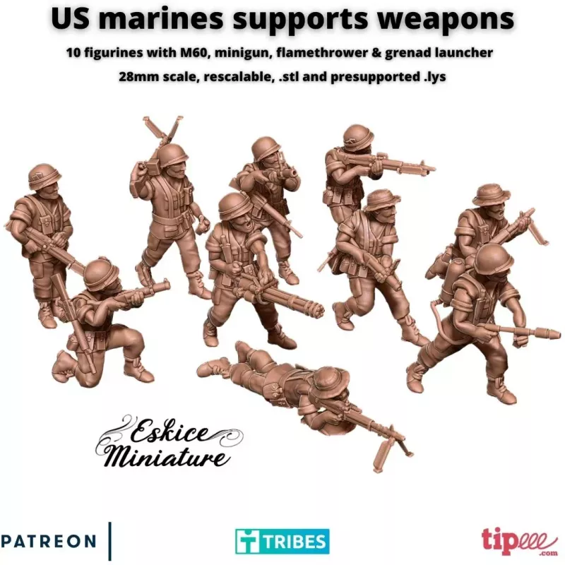 10 figurines de US Marines avec M60, lance-flamme, lance-grenade et minigun