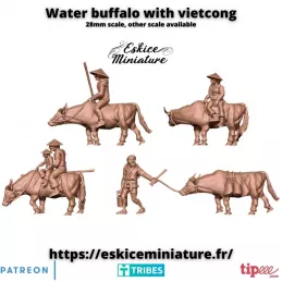 Set mit 4 Wasserbüffel Figuren mit Vietcong in 15mm, 20mm, 28mm